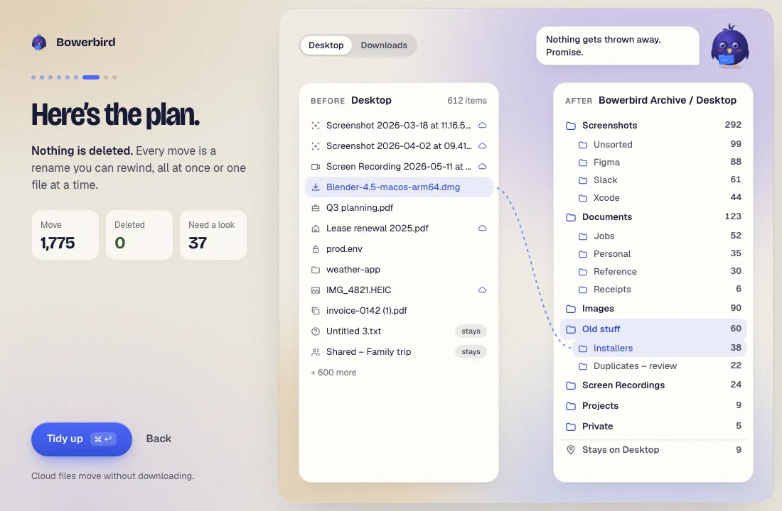 The Folderfinch preview screen: the Desktop's items on the left, the finished folder tree on the right, and a summary of 1,775 moves, 0 deleted and 37 that need a look.